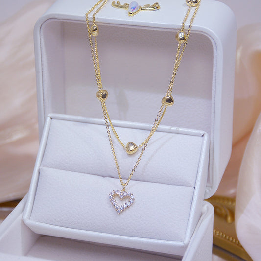 Collar de corazón de doble capa chapado en oro de 14k, cadena de clavícula para mujer con circón AAA brillante, colgante elegante para boda, joyería